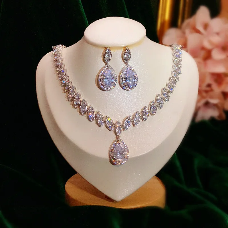 

Fine Jewelry Sets For Women Water Vintage Drop Cubic Zirconia Created Gemstone Necklaces Drop Earring Bridal Wedding Bijoux