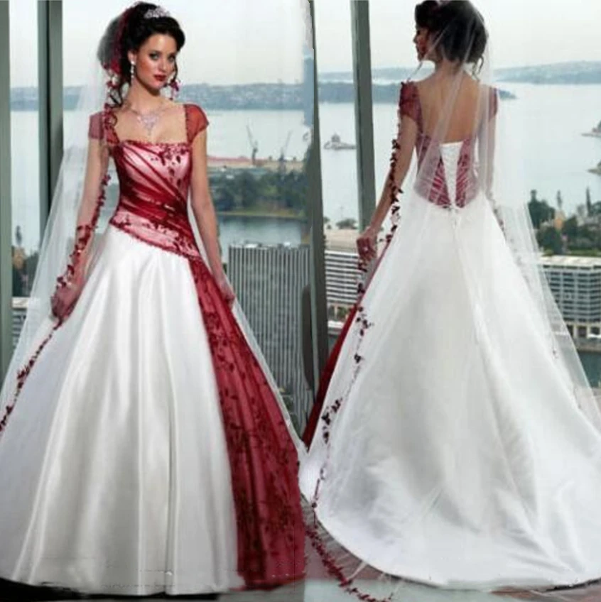Biało-czerwona suknia ślubna w stylu vintage A Line 2025 Square Cap Sleeve Plus Size Lace-up Gothic Corset Garden Bridal Gowns Customized