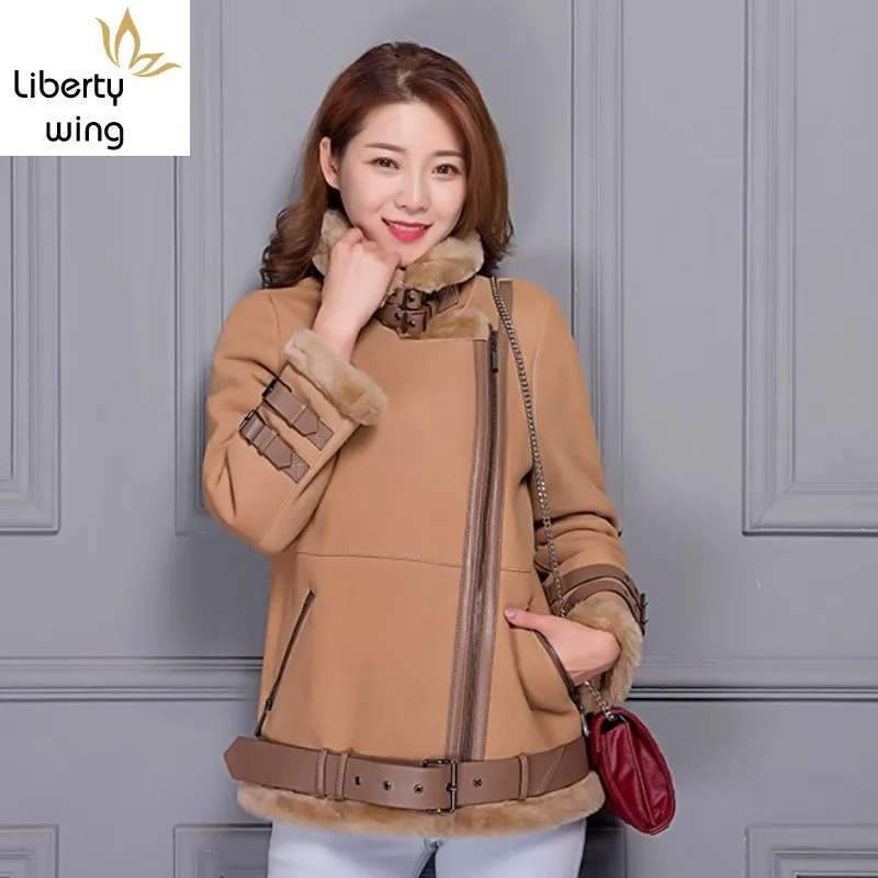 2020 Winter Warm Luxury Women Genuine Real Lambskin Suede Leather Shearling Jackets Coats With Belt Lambswool Outwear