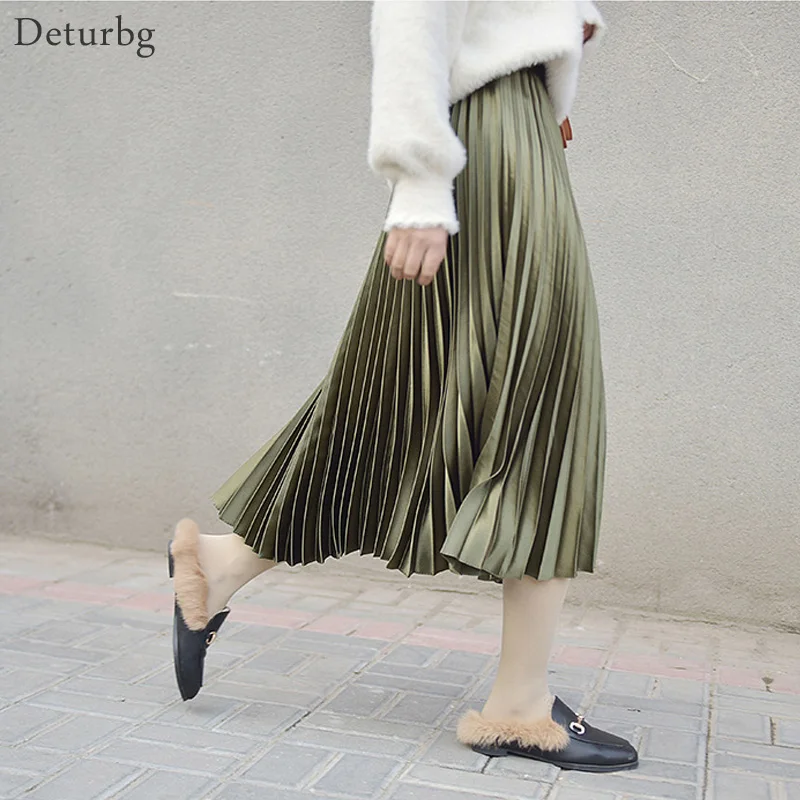 Women's Metal Color Pleated Midi Skirt Female Korean Japanese Casual High Waist Skirts Chic Saias 11 Colors 2024 Spring SK296