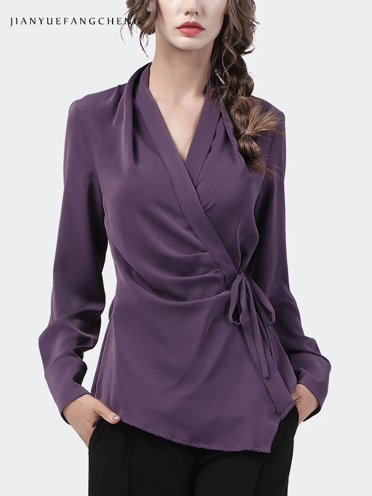 Fashion Womens Long Sleeve V-Neck Purple Lace-Up Shirt Elegant Slim Cinched Waist Tops 2021 Autumn New Office  Ladies Blouses