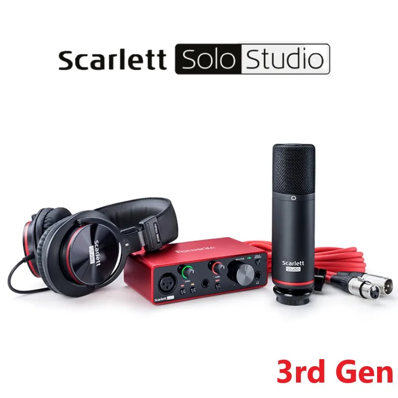 حزمة بطاقة الصوت للتسجيل من Focusrite Scarlett Solo Studio 3rd Gen 2 مدخل/2 خارج واجهة صوت USB مع ميكروفون مكثف وسماعة رأس