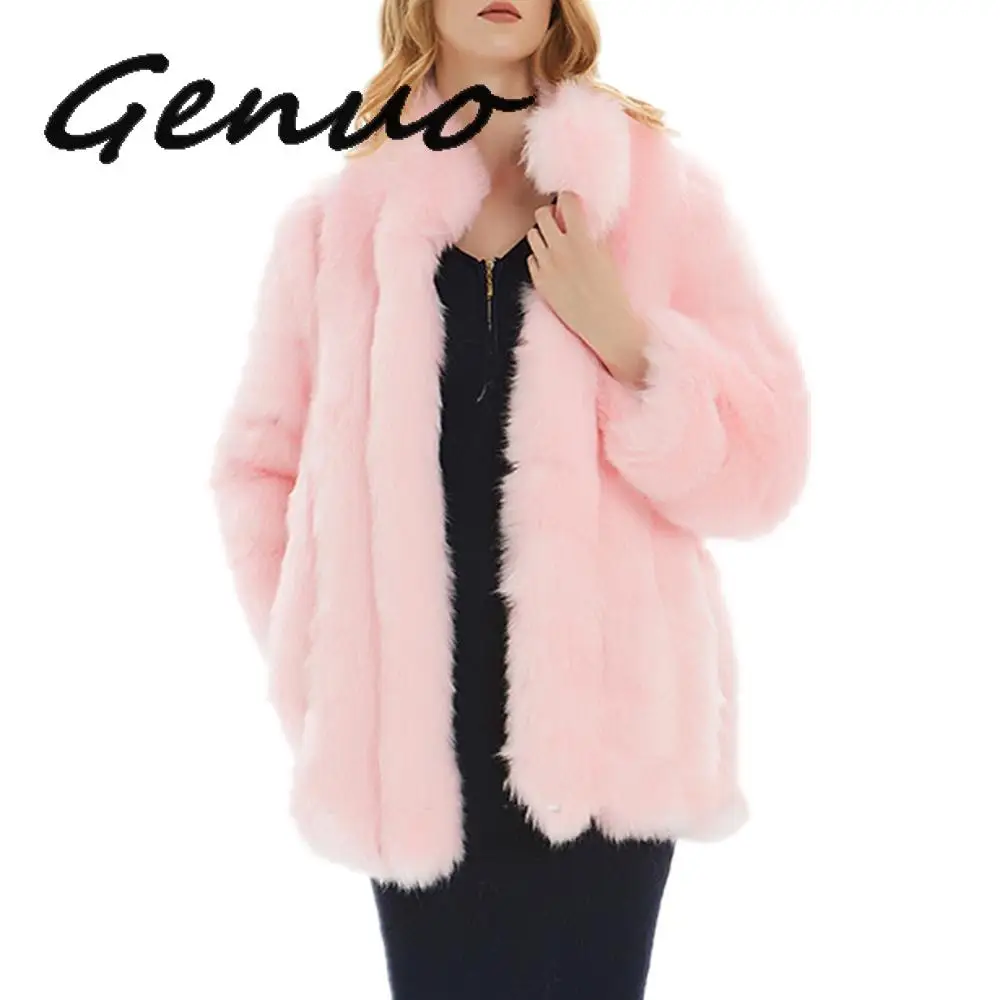 

Genuo Women Winter Coat Jacket Luxury Long Sleeve Stand Collar Faux Fox Fur Coat Slim Long Faux Fur Jacket Women Fake Fur Coats