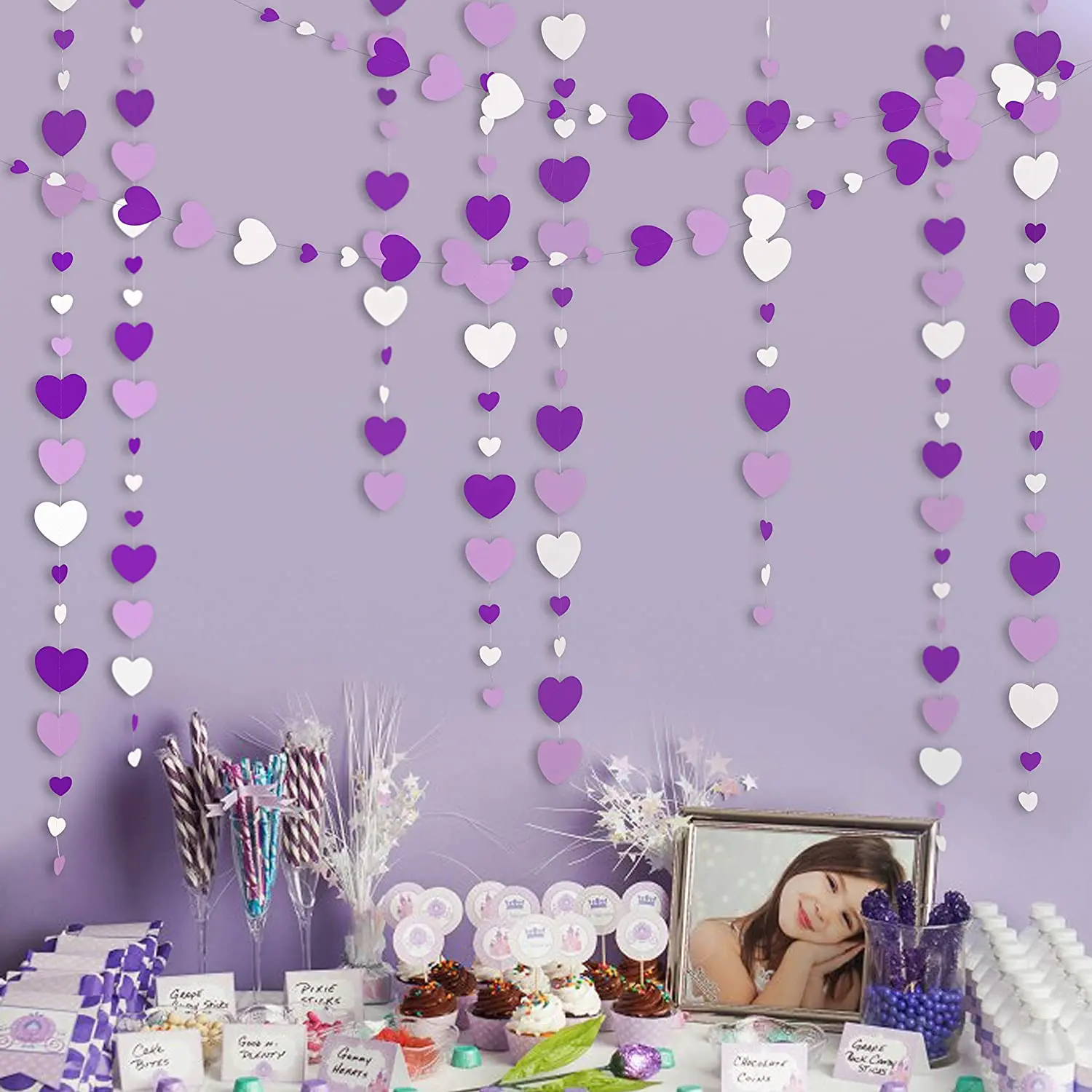 11Ft Lavender Purple White Paper Love Heart Garlands Wall Hanging Banner Decorations For Wedding Sweet Birthday Bridal Shower