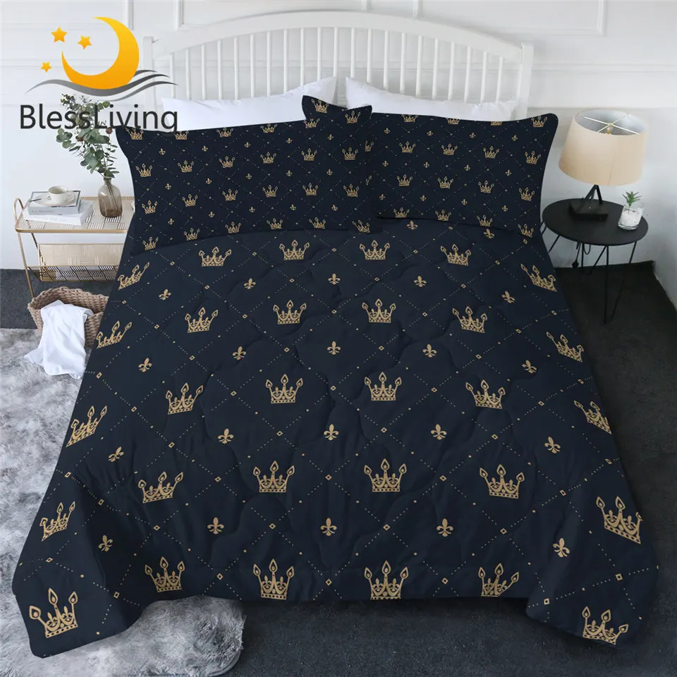 

BlessLiving Gold Crown Quilt Set Retro Style Air-conditioning Summer Comforter Blue Bedding 3 Pieces King colcha verano Queen