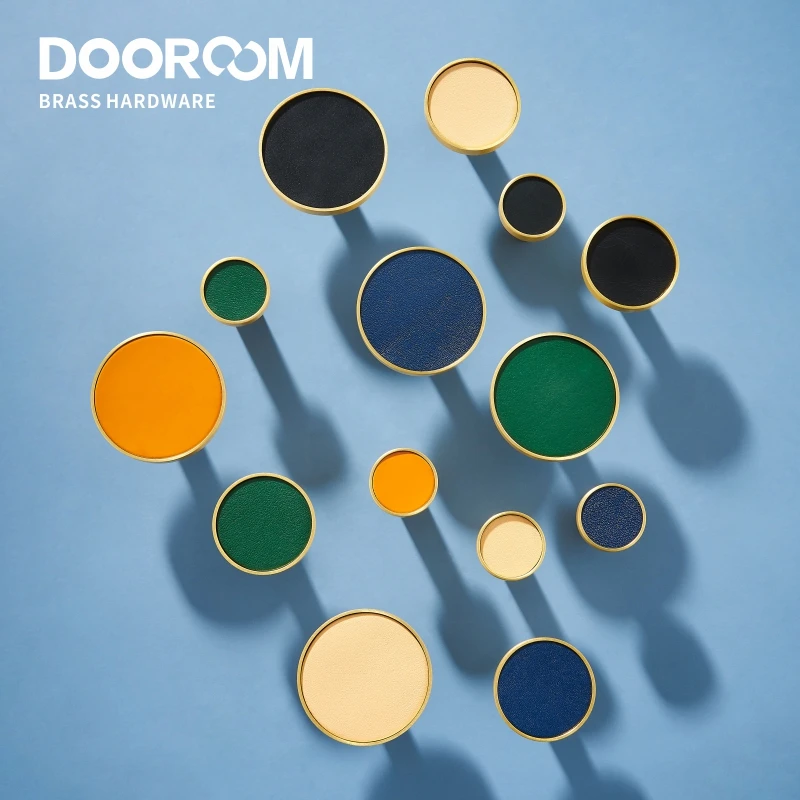 Dooroom Brass Leather Furniture Handles Light Luxury Round Pulls Cupboard Wardrobe Dresser Shoe Box Drawer Cabinet Knobs 
