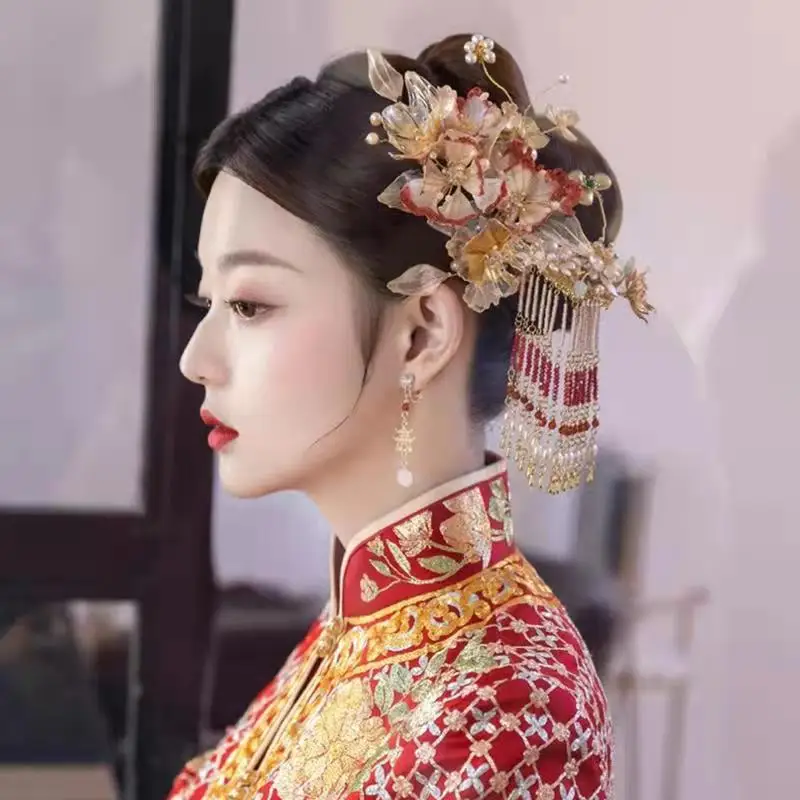 Chinese Bridal Headdress Tranditional Wedding Crown Hair Comb Hairpins Set Brides Costoume Xiuhe Hair Accessories
