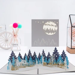 2pcs 3D Christmas Deer Forest Pop UP Cards Greeting Invitation Cards New Year Thanksgiving Thank You Cards Postcard with Envelop