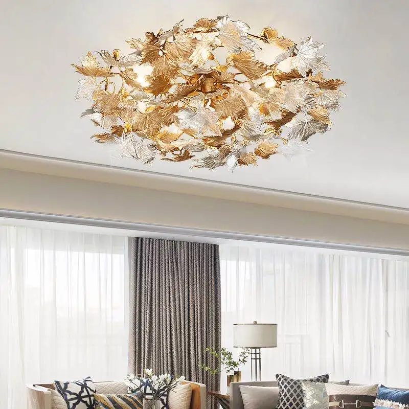 Maple Leaves Ceiling Lamp for Villa Hall Living Room Bedroom Chinese Style Copper Glass Retro Wall Sconce Home Decorative Light