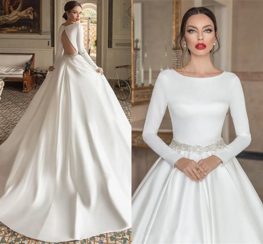 

Elegant Satin Dubai Bridal Wedding Dresses 2024 Long Sleeves A-Line Open Back Vintage Bride Gown Robe De Soirée De Mariage