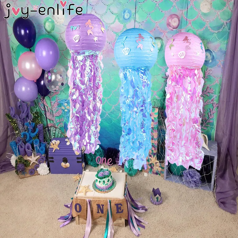 DIY Gradient Jelly Fish Paper Lanterns Hanging Little Mermaid Theme Party Under The Sea Birthday Party Decor Kids Girl Wedding