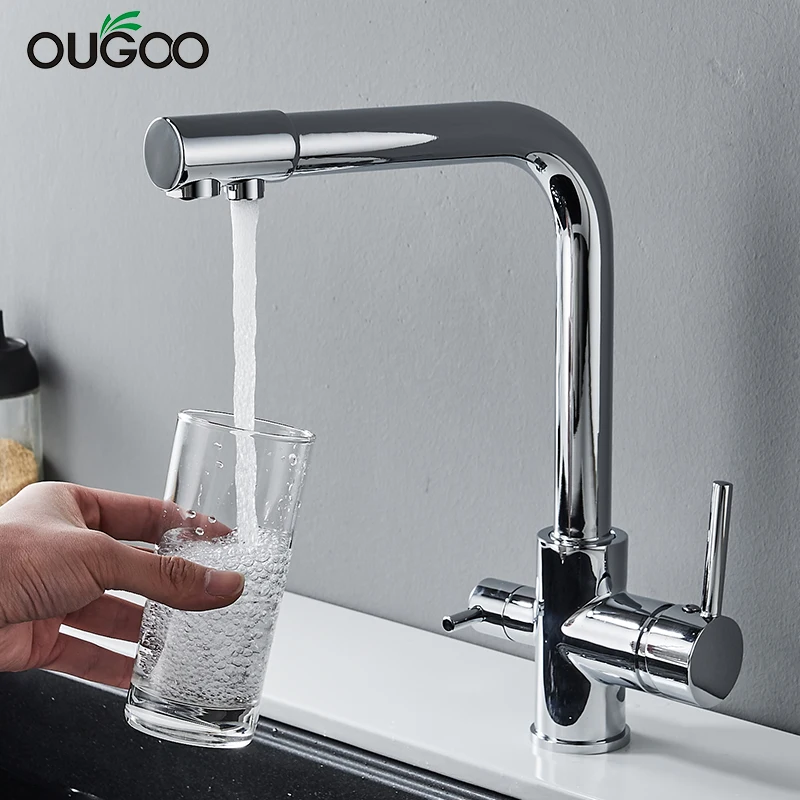 

OUGOO chrome Pure Water Kitchen Faucet Dual Handle Hot and Cold Drinking Water 3-way Filter Kitchen Mixer Taps