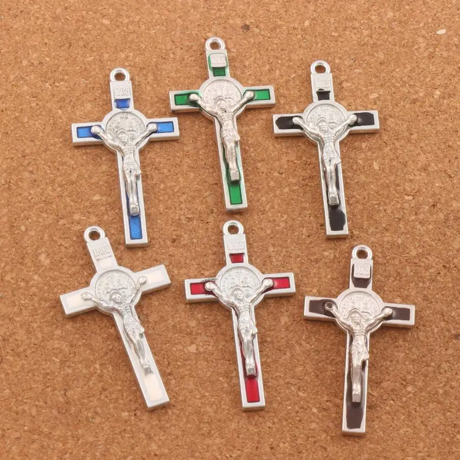 

6Pcs Enamel Saint Benedict Medal Italia Crucifix Cross Religious Spacer Beads Pendants Alloy Handmade L1715 53.1x29.2mm