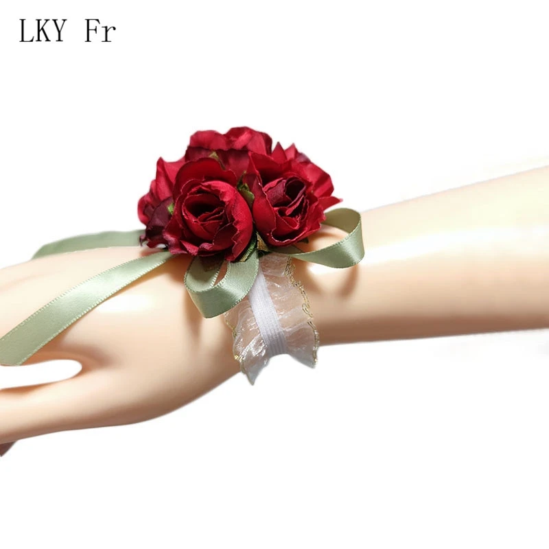 LKY Fr Corsage Hochzeit Armband Brautjungfern Blumen auf Hand Künstliche Seide Rosen Rot Handgelenk Corsage Braut Zubehör Blume Im Knopfloch