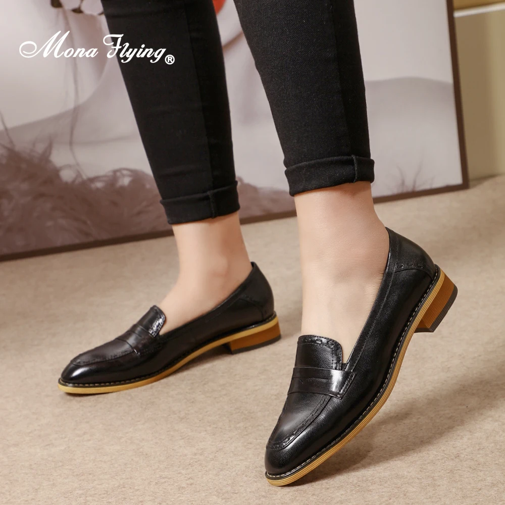 Mona Flying Women's Genuine Leather Penny Loafers Comfortable Dress Casual Slip on Flat Office Work Shoes for Ladies L092-2