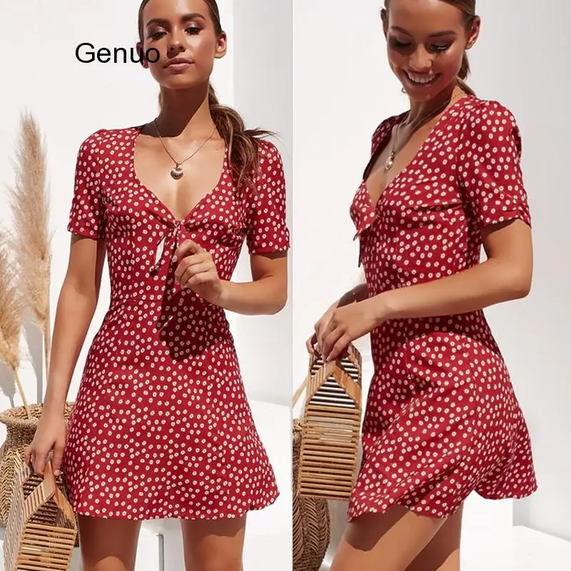 

Fashion Women Short Sleeve Wrap Boho Floral Mini Dress Ladies Summer Holiday Party Sundress Female vestidos