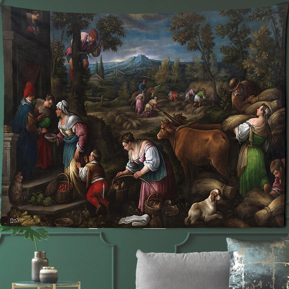 Cour Femme Style Gothique Architecture Tapisserie Art, Maison Rose Paysage Moyen Âge Illustration Pigeons Animaux Face Wall