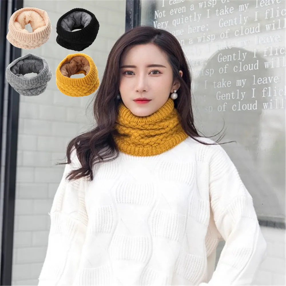 

Women Solid Color Chunky Warm Collar Neckerchief Breathable Knitted Wool Scarf Neck Warmer Cowl Breathable Circle Knitted Carves