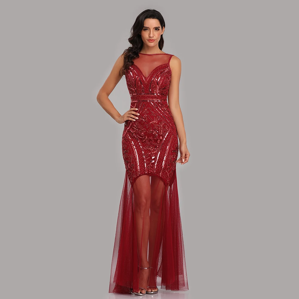 

Robe De Soiree Sequins Beading Evening Dresses Mermaid Formal Sleeveless Round collar Prom Party Long Dress 2019 New Style