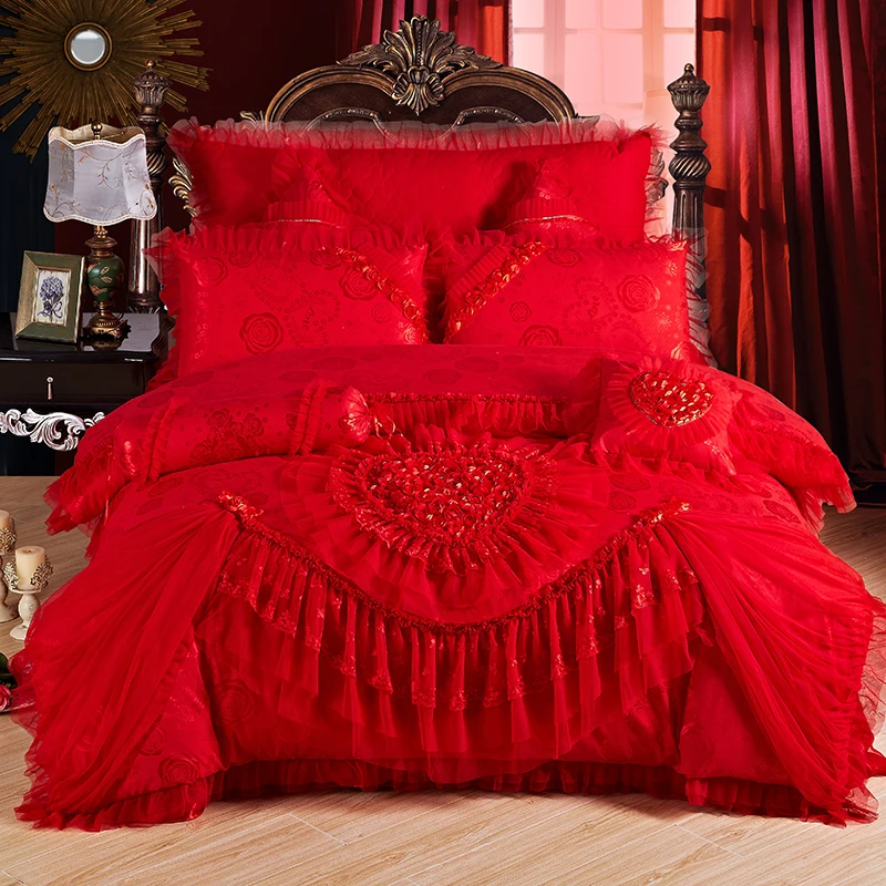 Luxe Prinses Bruiloft Beddengoed Set Koning Queen Size Roze Rood Kant Jacquard Satijn Dekbedovertrek Sprei Laken Kussenslopen