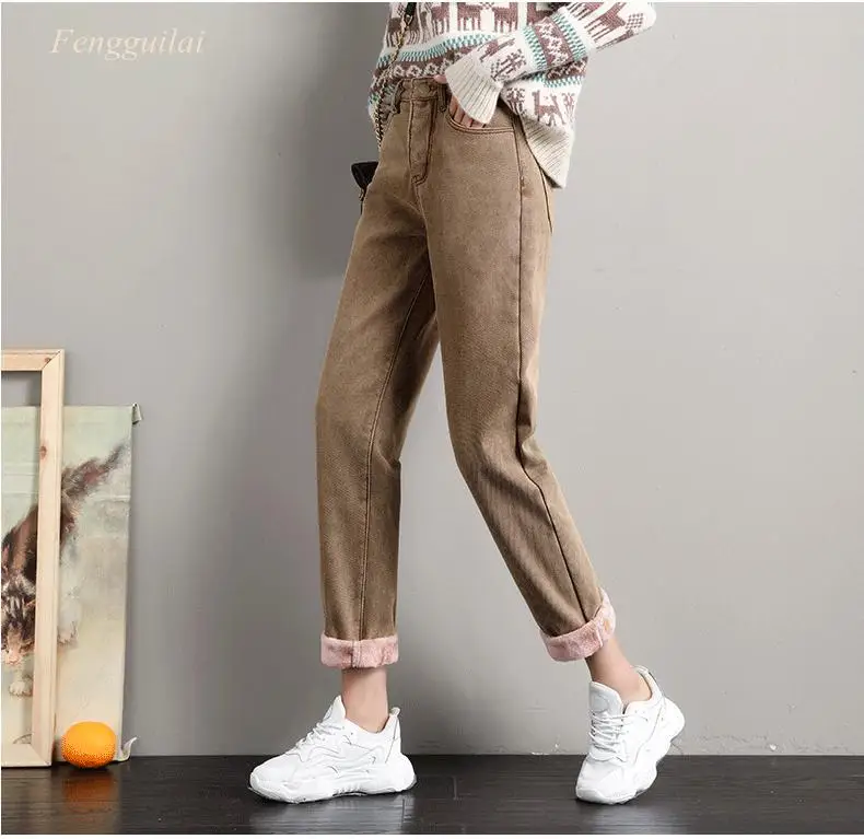 Winter Jeans for Women Velvet Thick Warm High Waist Fleece Mom Vintage Wide Leg Ankle-Length Harem Denim Pants