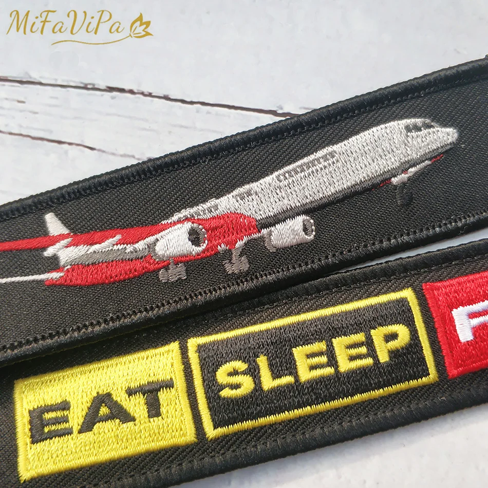 MiFaViPa 2 PCs Plane Keychain Fashion Trinket Black Embroidery Keyring Eat Sleep Fly Key Chain for Pilot Aviation Christmas Gift