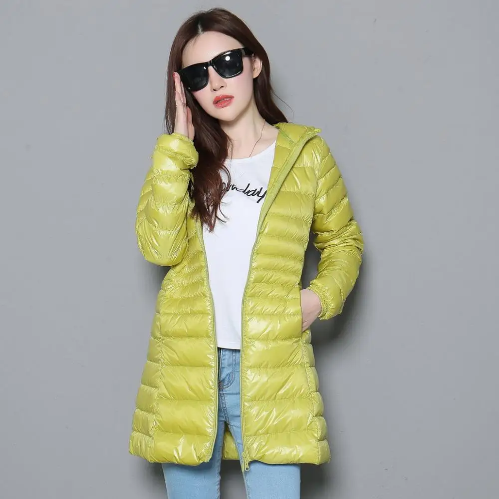 Casaco longo de pato branco para mulheres, casacos com capuz, parkas acolchoados, ultra leve, portátil, feminino, 0-10 ℃, inverno