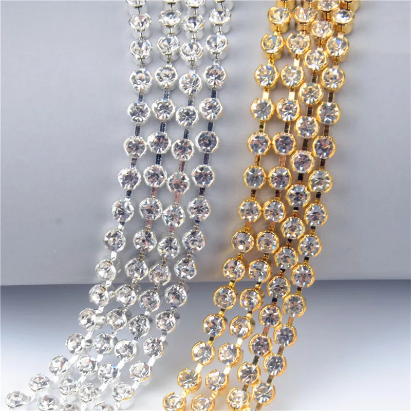 5Yard/Lot Round No Claw Rhinestone Chain Clear Crystal Ss12-Ss28 Diamond Silver Gold Base Trimming Garment Sew On Diy Decoration