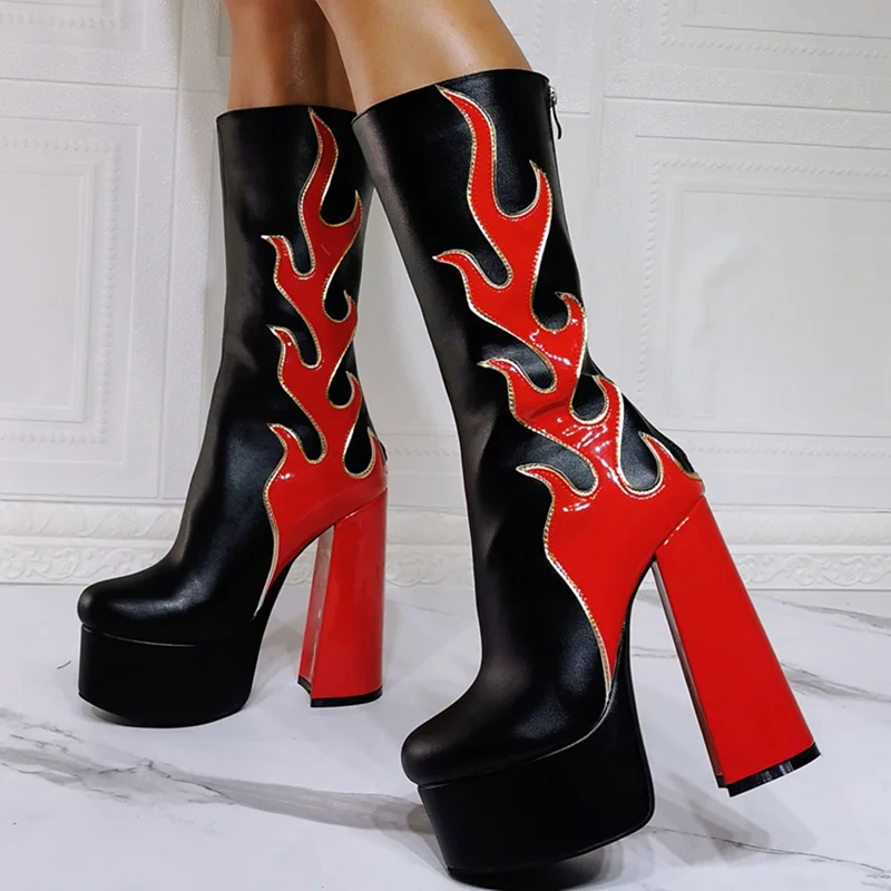 

Girl's High Heel Shoes Platform Boots New Trendy Fire Pattern Back Zipper Knee High Boots for Women Winter Big Size 47