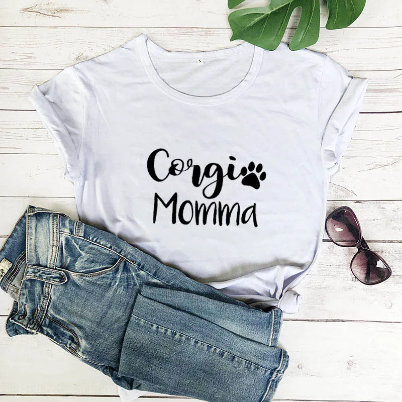 Corgi Momma Printed New Arrival Women\'s Funny 100%Cotton T-Shirt Dog Lover Shirts Corgi Lover Tees Gift for Dog Mom