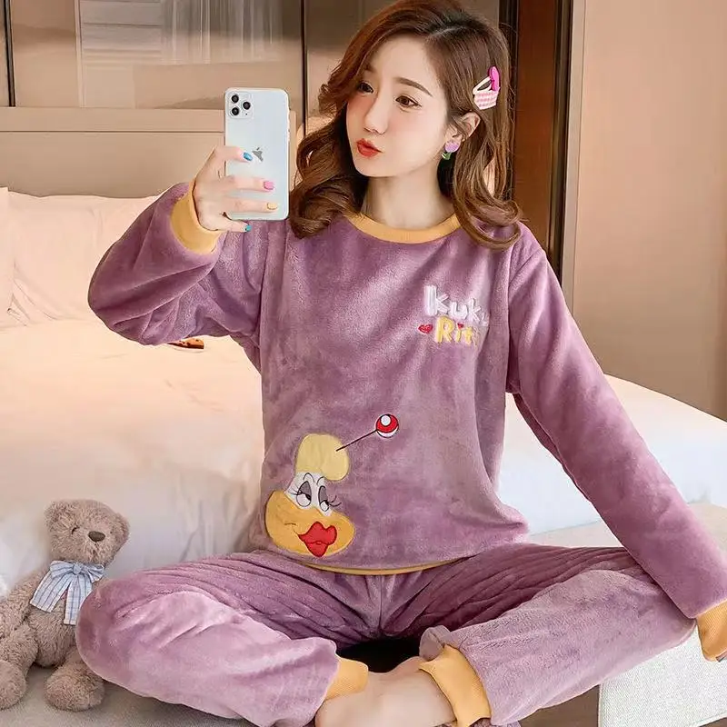 

Autumn Winter Warm Flannel Women Pyjamas Sets Thick Coral Velvet Long Sleeve Cartoon Sleepwear Flannel Pajamas Set Girl