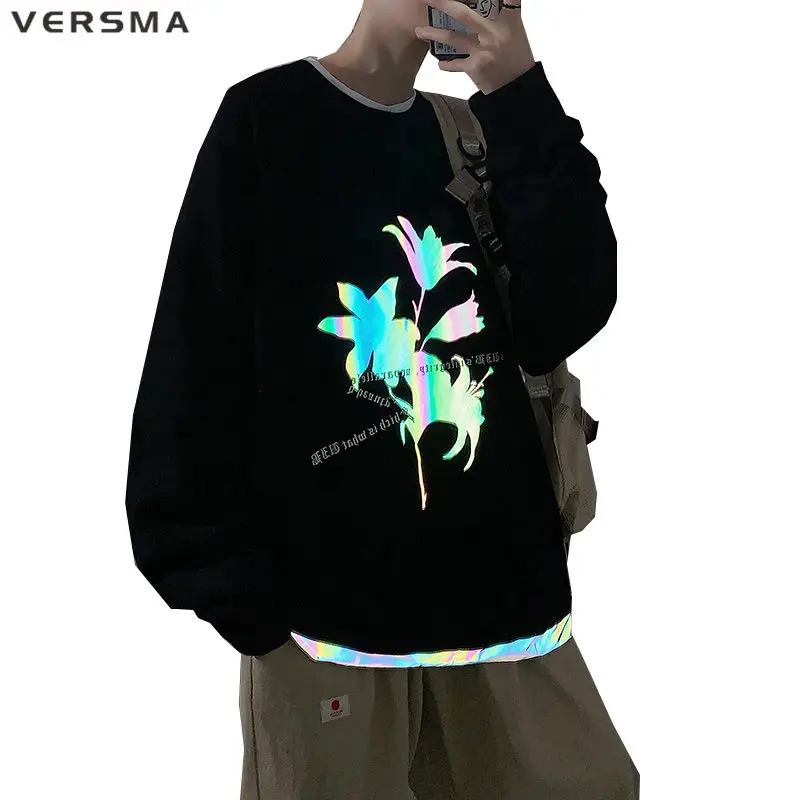 VERSMA Korean Ulzzang Harajuku Reflective Graffiti Hoodie Sweatshirt Men Hip Hop Streetwear Oversized Sweatshirts Men Women 5XL