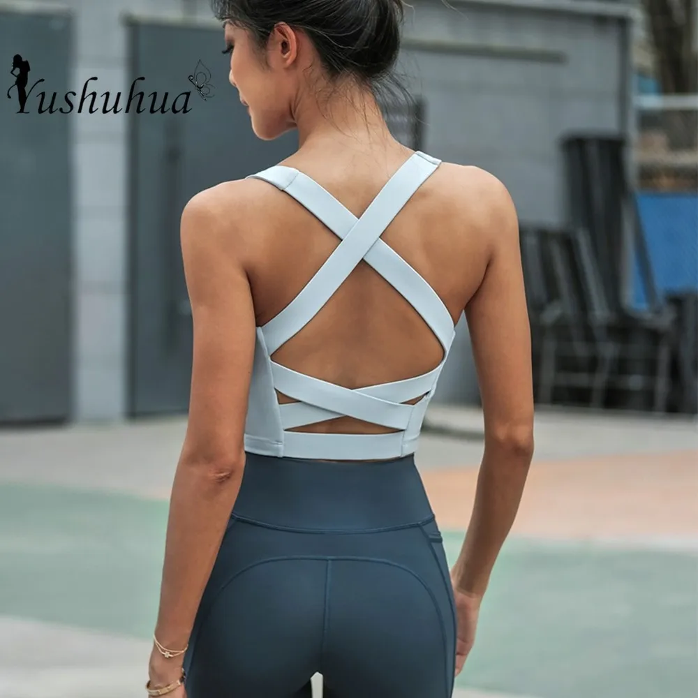 Yoga Tank Tops Women Fitness Crop Top Shockproof Sports Bras Training Sleeveless Sport Gym Tops Sexy Cross Back Running Vest