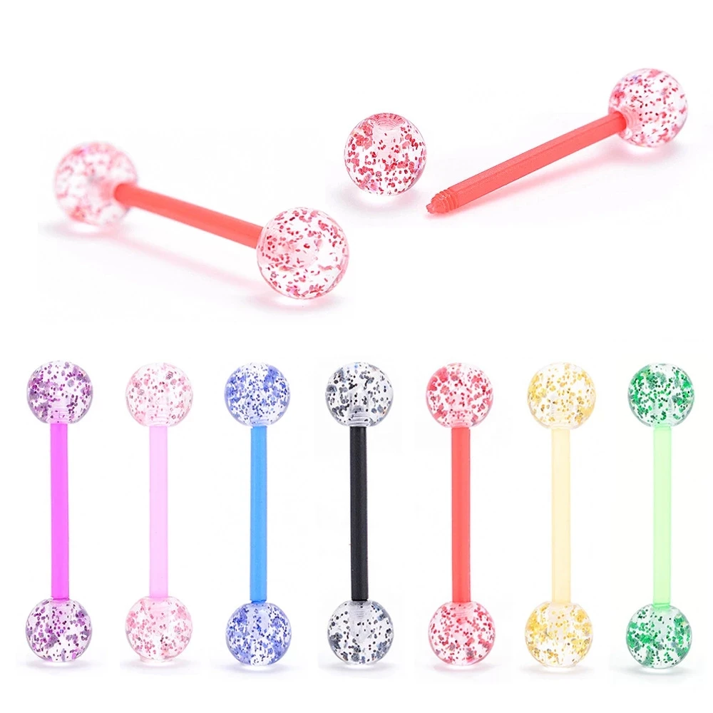 6PCS Edelstahl Glorious Zunge Ring Groß 14G Nippel Piercing Bar Lot Glitter Zunge Piercing Set Barbell Piercing schmuck – Detail 4