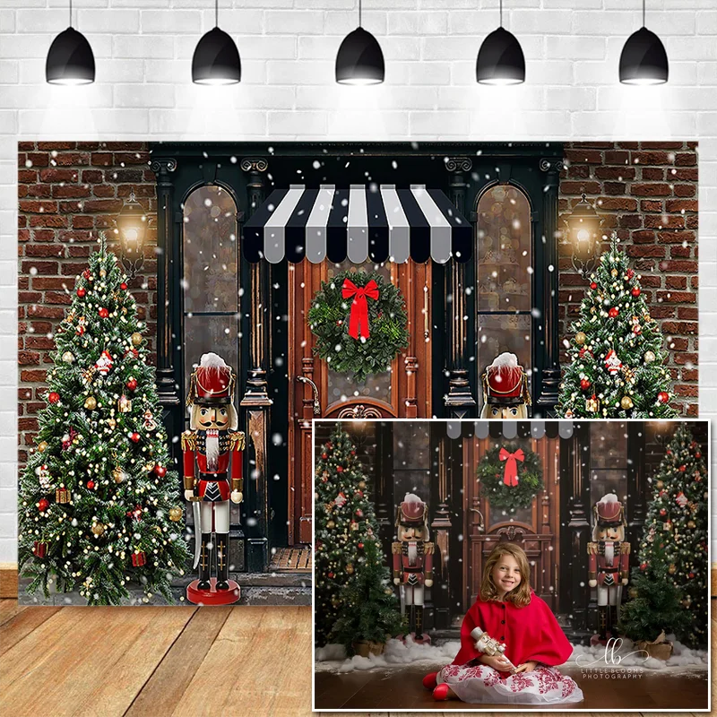 Christmas Snow Photography Background Vintage Door Children Birthday Photographic Backdrop For Photo Studio Xmas Tree Decoration