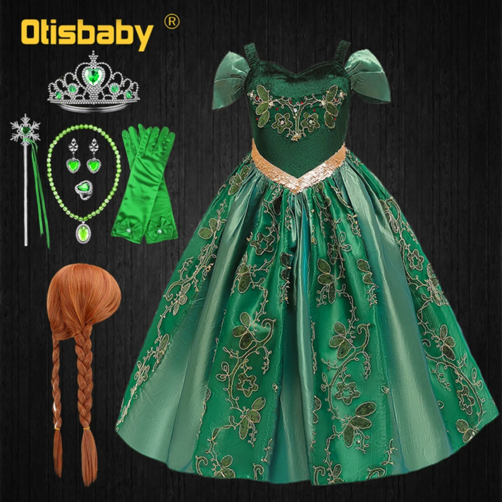 

Snow Queen Girls Elsa Anna Dress Green Embroidered Boutique Princess Dress Halloween Anna Costume Child Elegant Evening Dresses