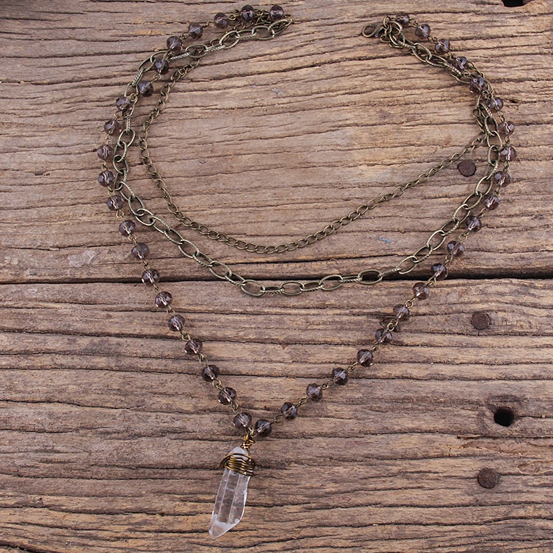 Fashion Bohemian Jewelry 3 Layer Crystal Rosary Link & Chain Pendant Necklaces For Women