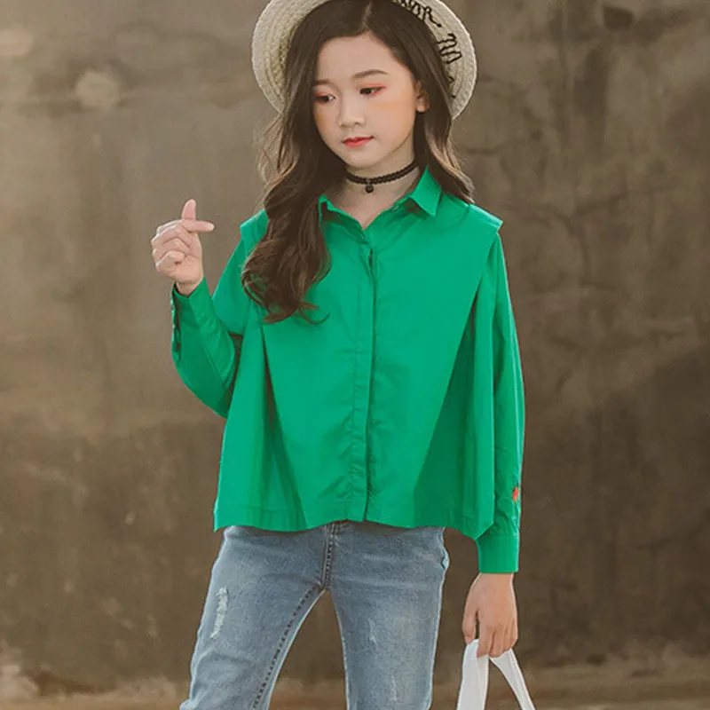 Girls Long Sleeve White Green Blouse Clothing Spring 2024 Autumn Shirts Kids Cotton Embroidery Loose Tops Girl 6 8 10 9 12 Years