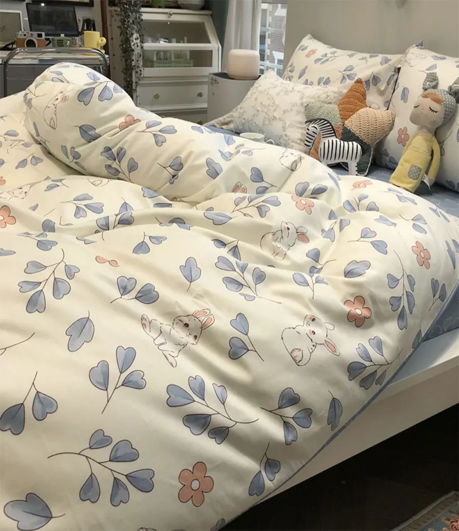 

Cartoon rabbit blue leaf bedding set,single double cotton twin full queen King home textile bed sheet pillow case quilt cover