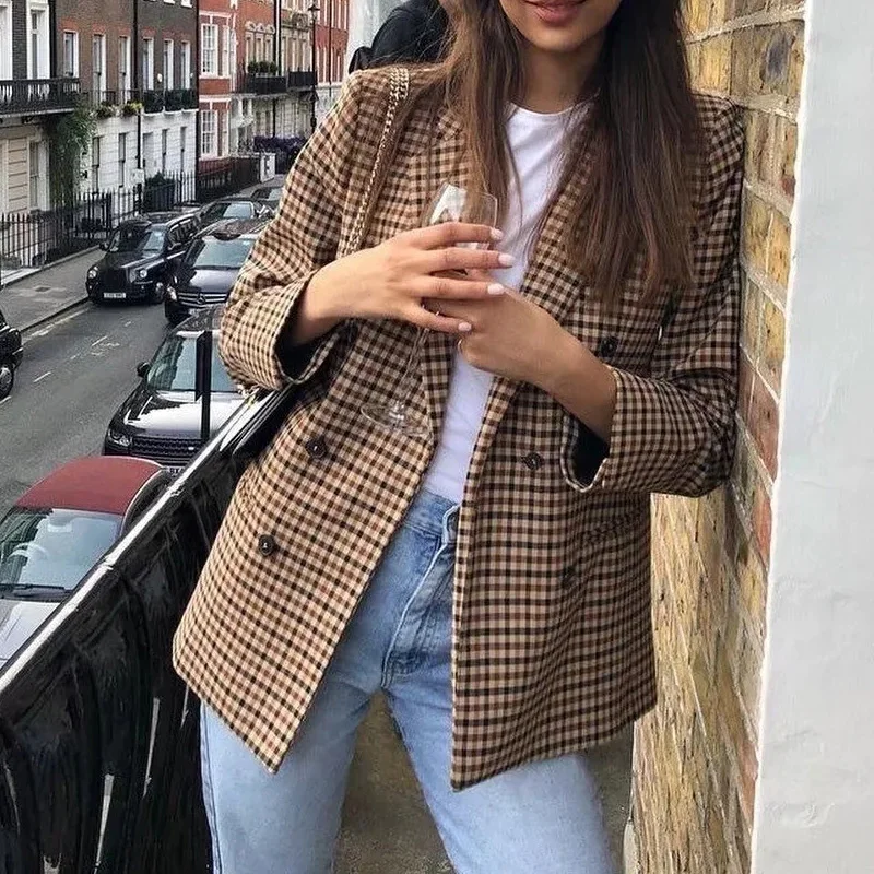 Woman Brown Houndstooth Plaid Female Blazer Autumn 2024 Retro Double-Breasted Office Lady Casual Suit Business Classic Coat Chic