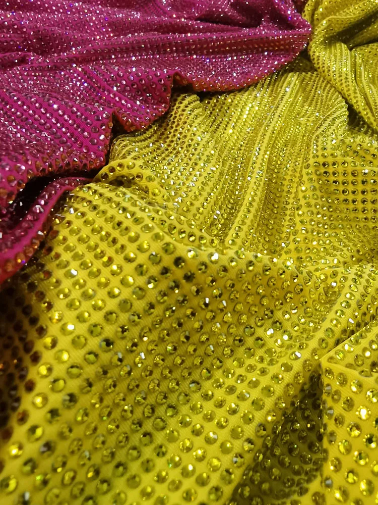 Yellow Crystal Fabic Glitter Hot Fix Crystal Rhinestone Glitter Iron On Sewing Fabric Polyester Spandex Stretch Rhinestone