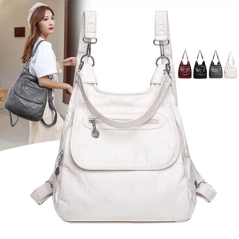 Mochilas blancas de cuero PU suave lavado, bolsos de hombro, mochila antirrobo, Bolsa Escolar de gran capacidad para niñas adolescentes, moda