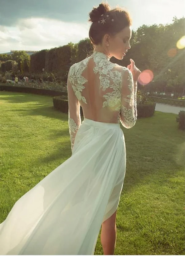 Gợi Cảm Thấy Thông Qua Áo Cưới Cổ Cao Phối Ren Tay Dài Khách Mời Cô Dâu Vestidos De Novia Свадебное Платье Suknia Ślubn