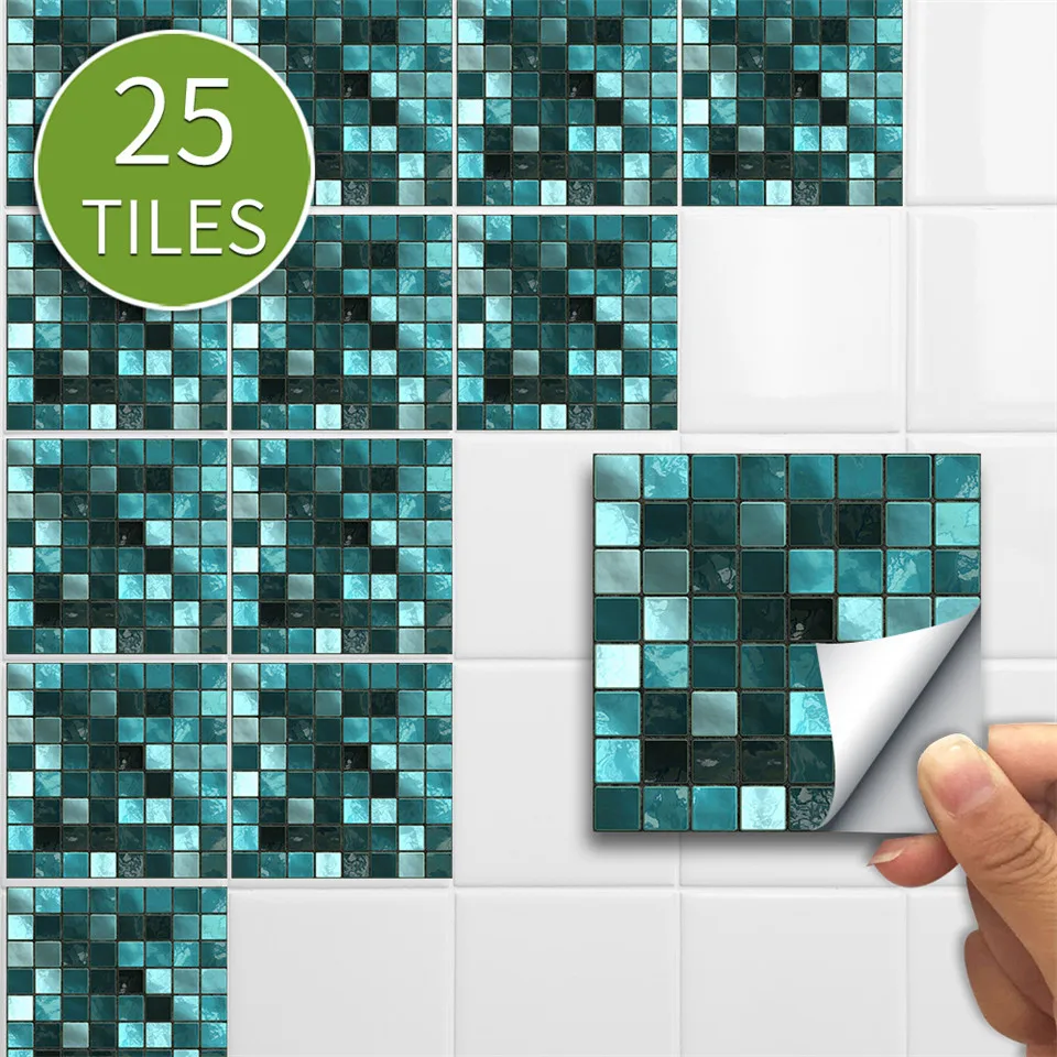 25pcs/Set Green Mosaic Tile sticker Self Adhesive Waterproof Mural For Bathroom Restaurant Wall Decoration Decal Wallpaper Tiles