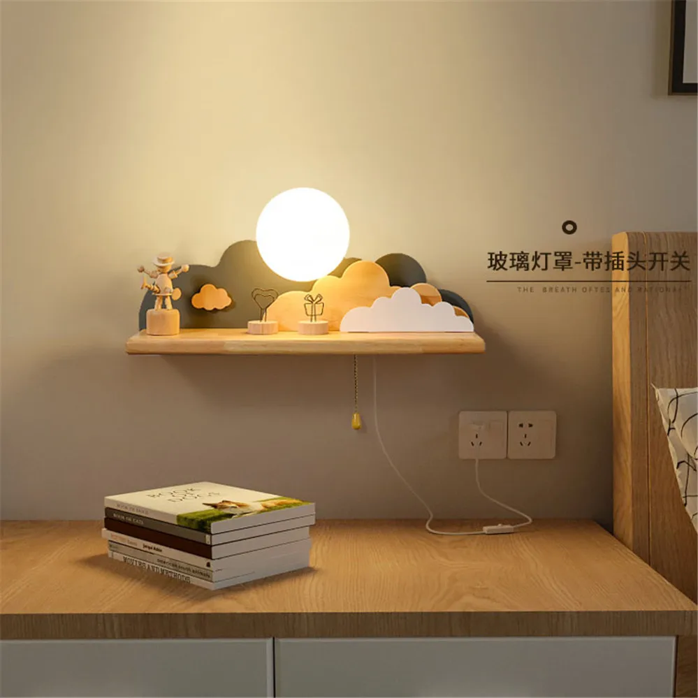 Creative Clouds Sun Wood Shelf Glass Led Wall Lamp With Pull Switch Children Bedroom Bedside Study Sconce Girls Light Fixtures