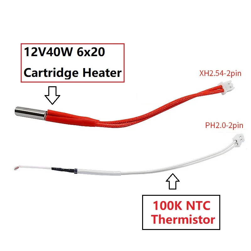 RAMPS 5SETS Heater Cartridge 150mm 12V40W  6*20mm With 2pin XH2.54 Terminal 100K Thermistor PH2.0 2pin Heating 3D Printer PartS