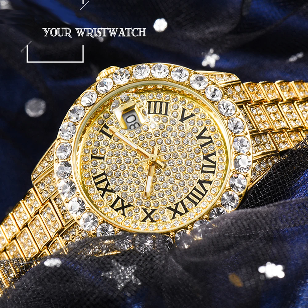 

Luxury Ladies Watch Iced Out Watch Quartz Movt Full Bling Diamond Watches for Women 18k Gold Stainless Steel Wristwatch Female