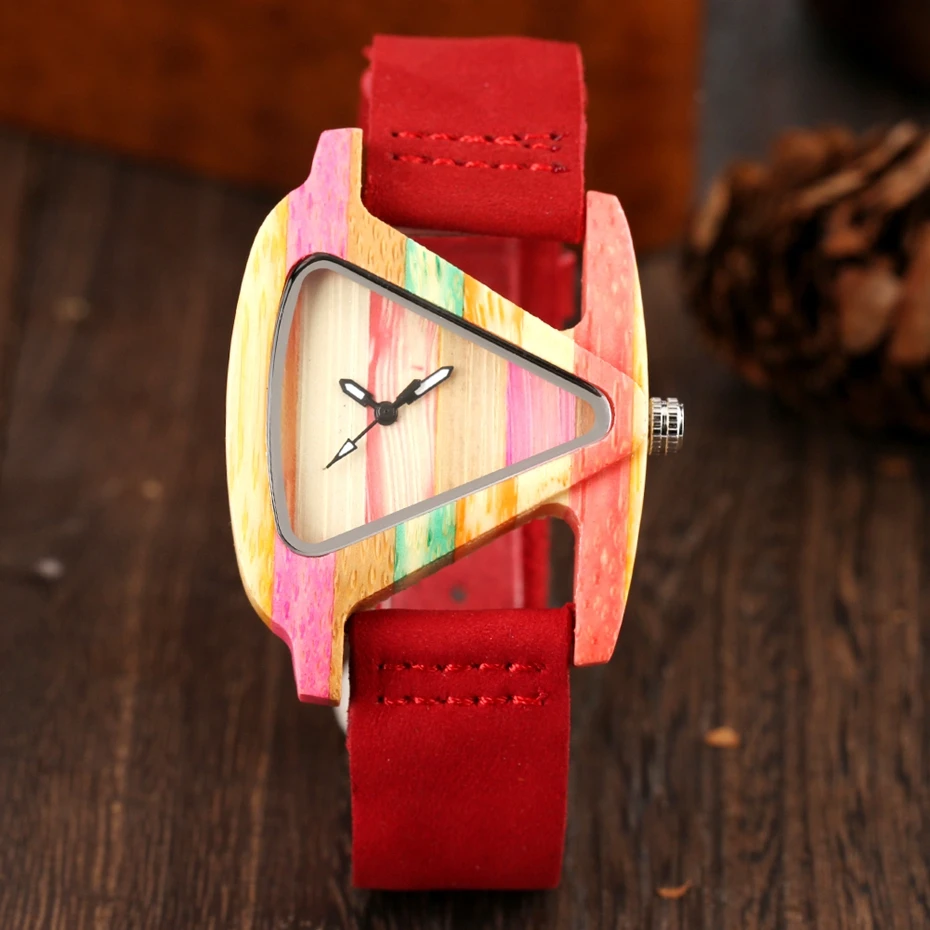 Exquise Triangle Dial Fashion Women Wood Watch Cute Hit Color Rainbow Lines Bamboo Wooden Clock Wooden Quartz Wristwatch Ulzzang