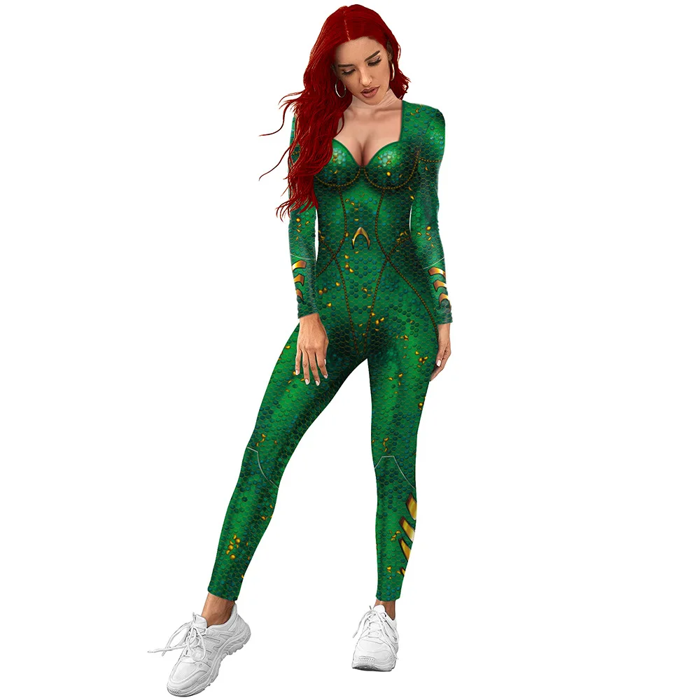 FCCEXIO-Sea Sereia Verde 3D Print Body Sexy para Mulheres, Manga Comprida, Macacão Apertado, Festa Cosplay, S-XL, Nova Moda