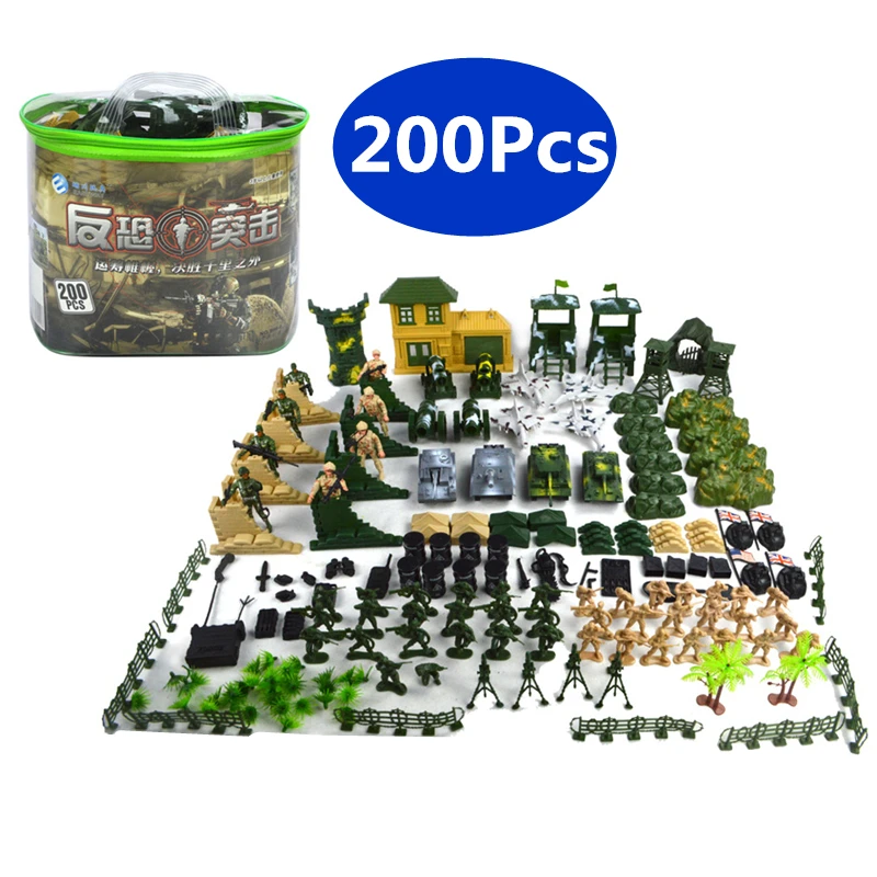 

200Pcs Army Men Military Action Figures Set Aseemble Soldiers Vehicles Aircraft Boat Pretend Artillery Plastic Soldier Model Toy